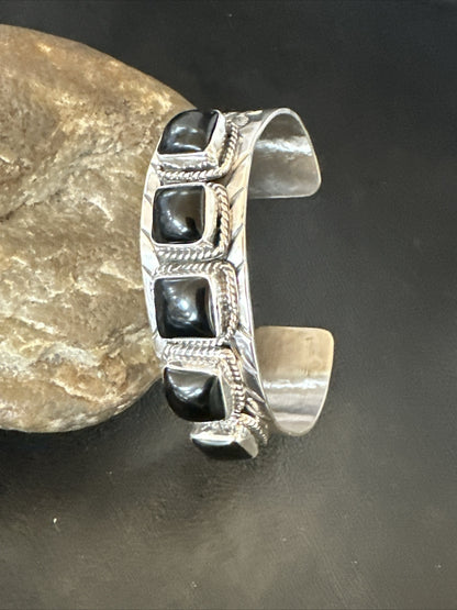 Native Mens Navajo Sterling Silver Black Onyx Cuff Bracelet 5 Stone 18020