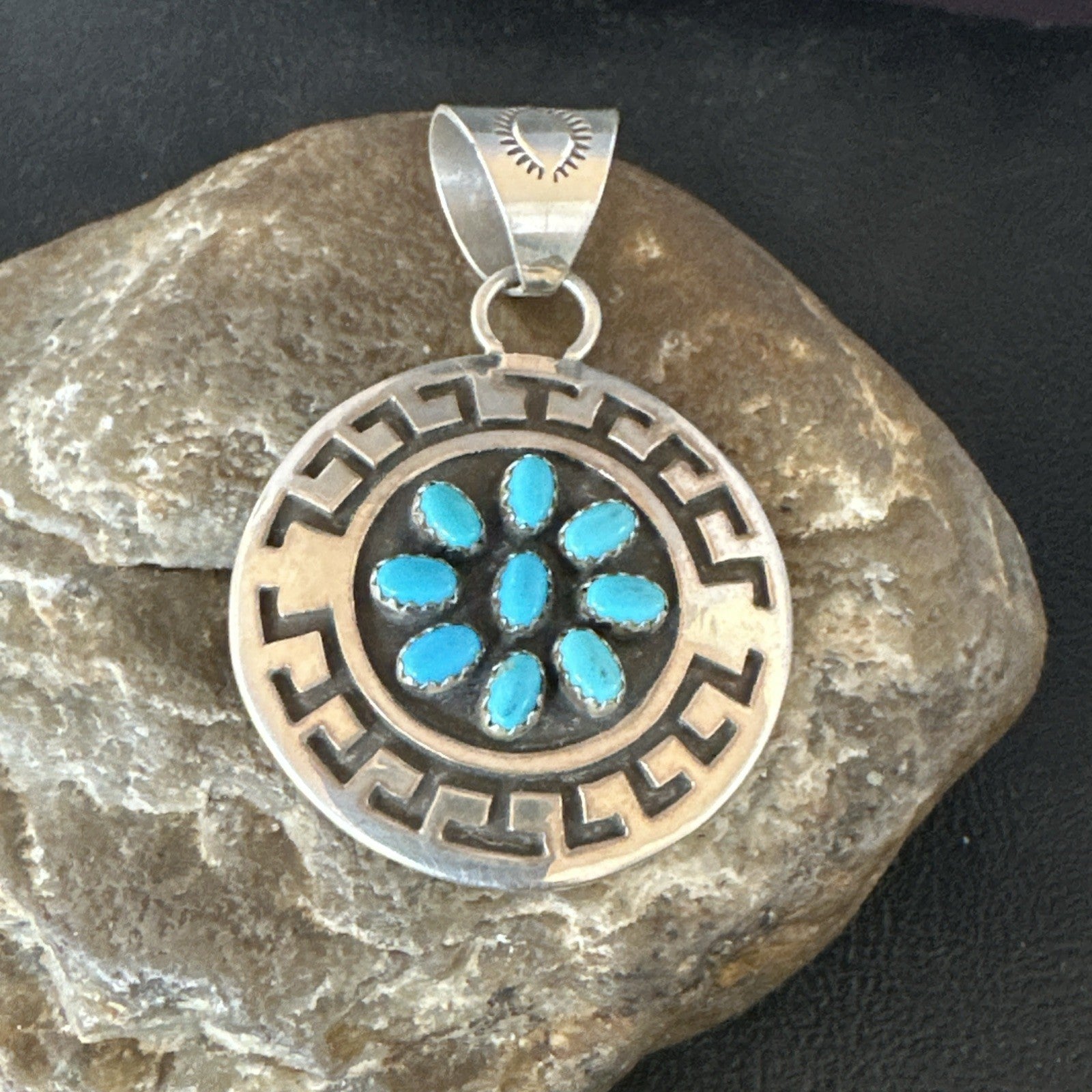 Cluster Blue Kingman Turquoise Navajo Sterling Silver Pendant 2" 19287