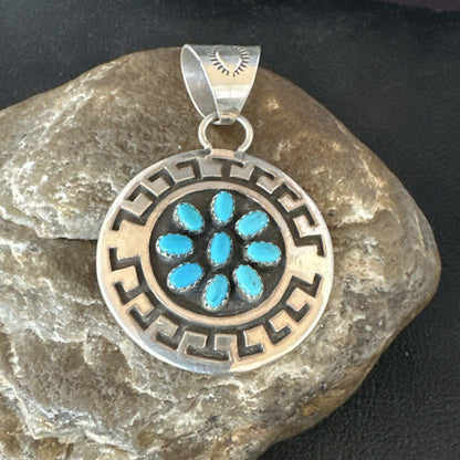 Cluster Blue Kingman Turquoise Navajo Sterling Silver Pendant 2" 19287
