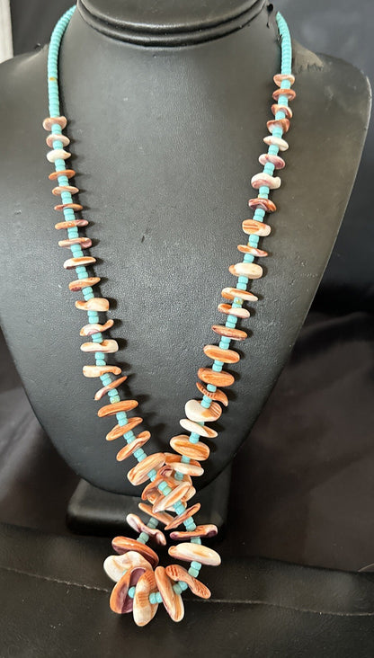 Orange Spiny Oyster Blue Turquoise 26� Navajo Sterling Silver Necklace 17949