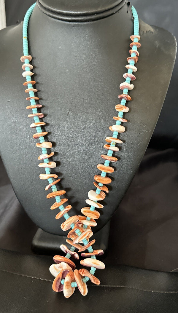 Orange Spiny Oyster Blue Turquoise 26ï¿½ Navajo Necklace | Sterling Silver | Authentic Native American Handmade | 17949