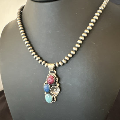 Multicolor Turquoise Spiny Navajo Sterling Silver Cluster Pendant Necklace 19312