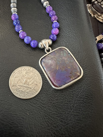 Purple Stone Turquoise Pendant Pearls Sterling Silver Necklace 18385
