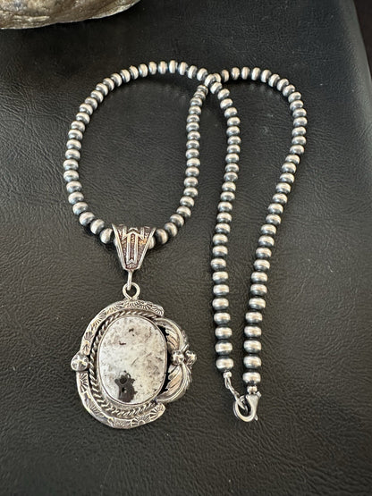 White Buffalo Turquoise Pendant Navajo Pearls Sterling Silver Necklace 19375