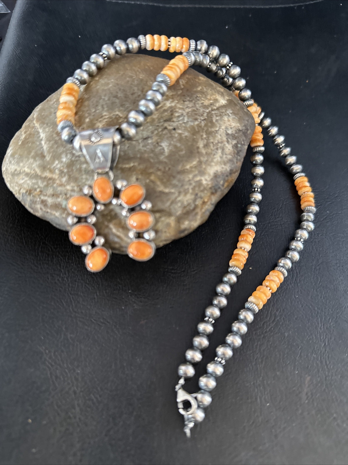 Orange Spiny Oyster Naja Pendant Navajo Pearls Sterling Silver Necklace 11346
