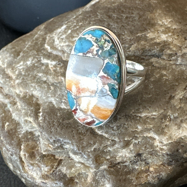 Blue Turquoise Spiny Oyster Southwestern Ring Size 8 | Sterling Silver | Authentic Native American Handmade | 18547