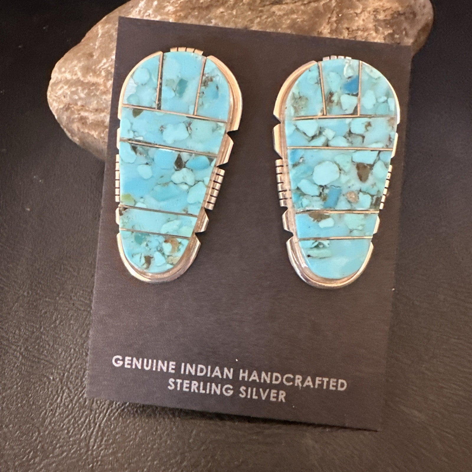 New Inlay Blue Kingman Turquoise Sterling Silver Earrings 1.5” 19097