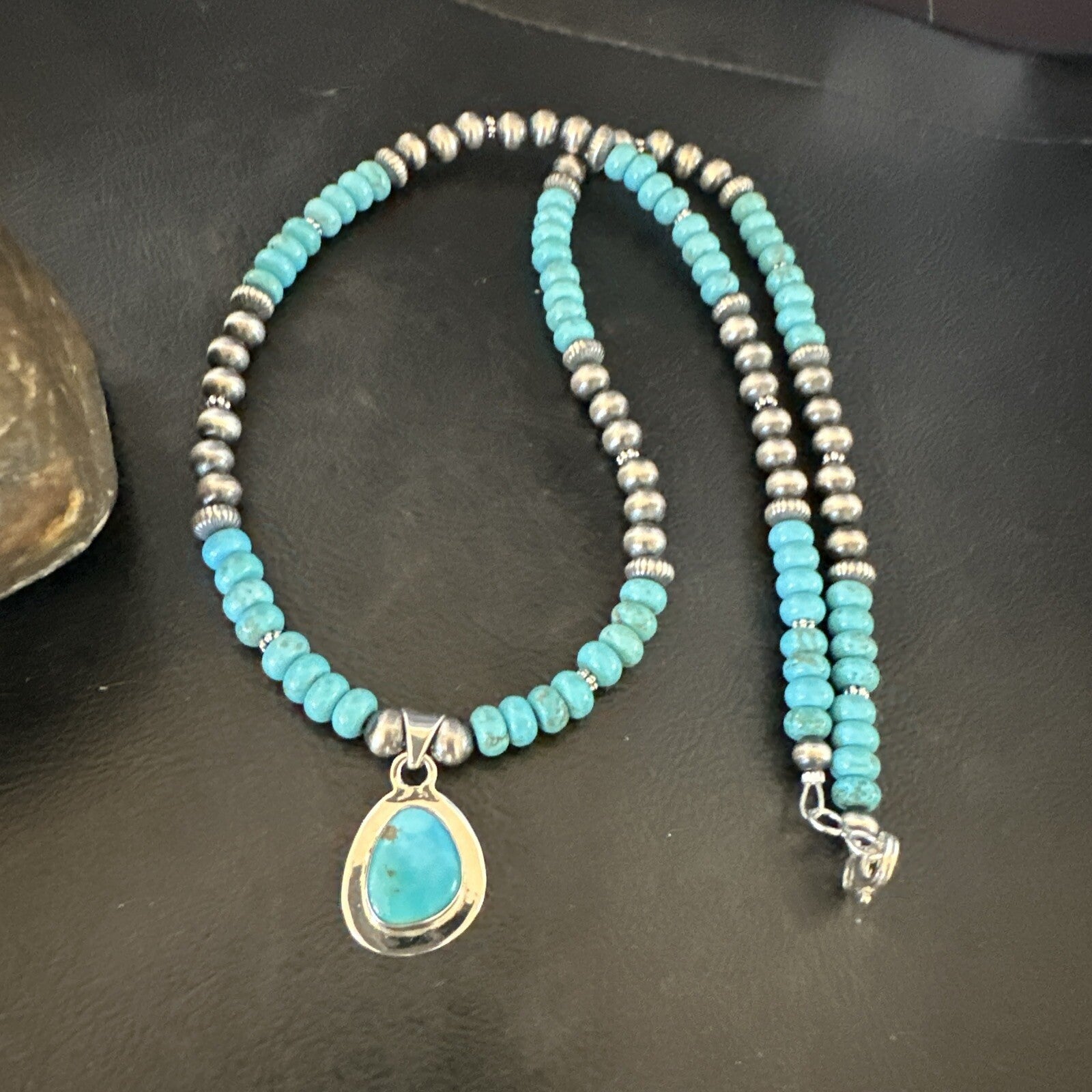 WoMens Blue Kingman Turquoise Pendant Navajo Sterling Silver Necklace 21" 17932