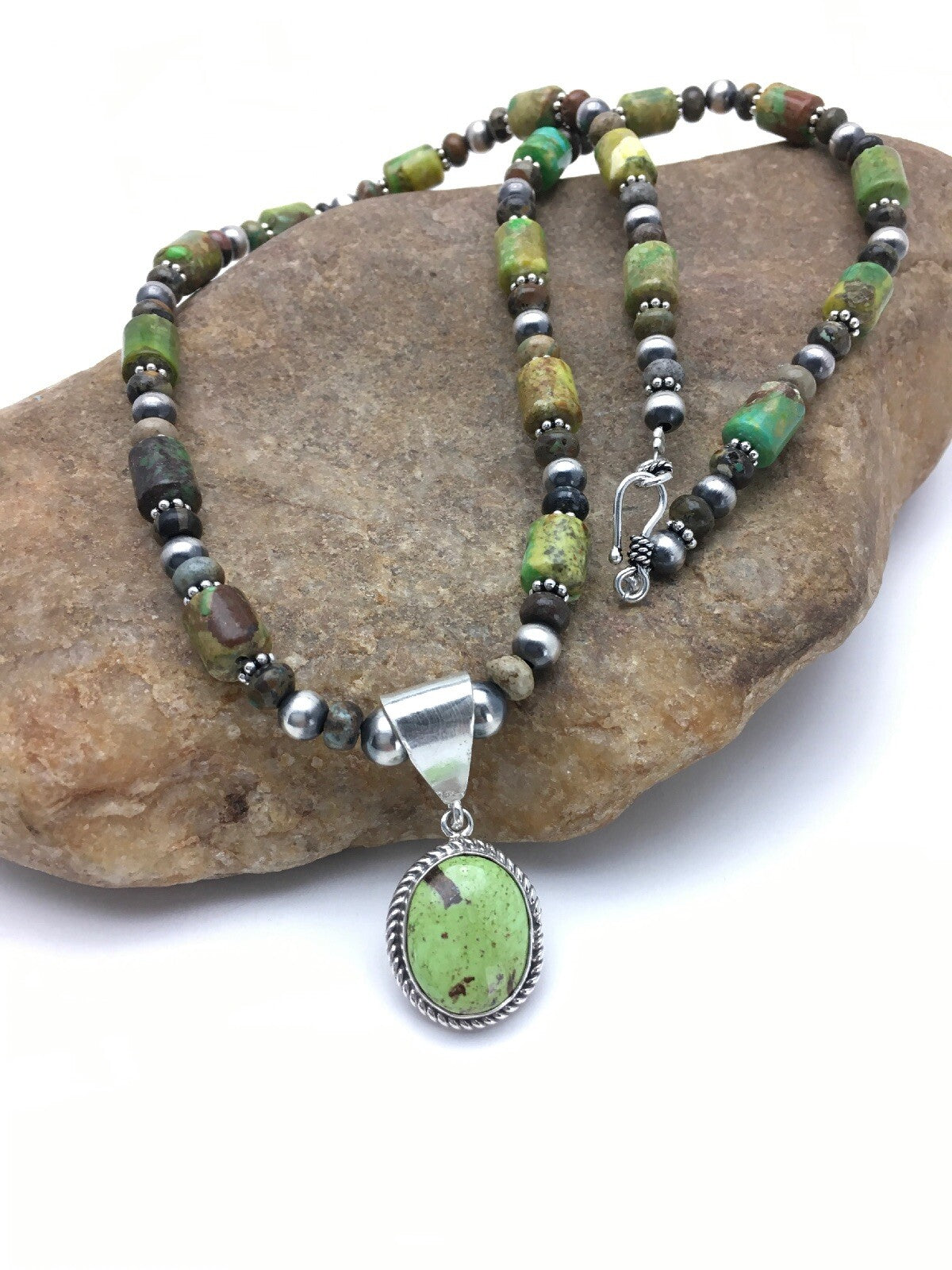 Green Gaspeite Pendant Turquoise Navajo Sterling Silver Necklace 22" 2818