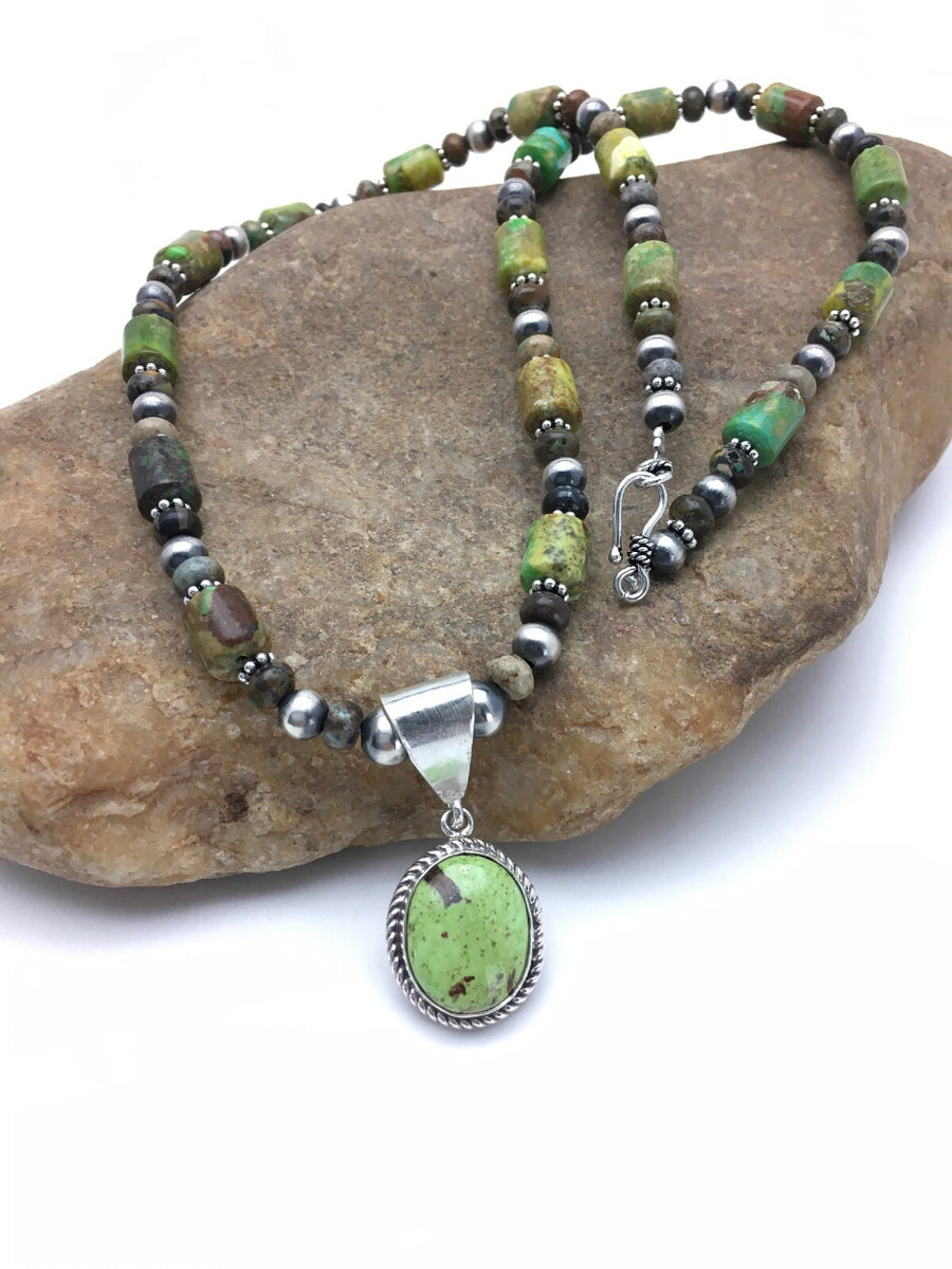 Green Gaspeite Pendant Turquoise Navajo Sterling Silver Necklace 22" 2818