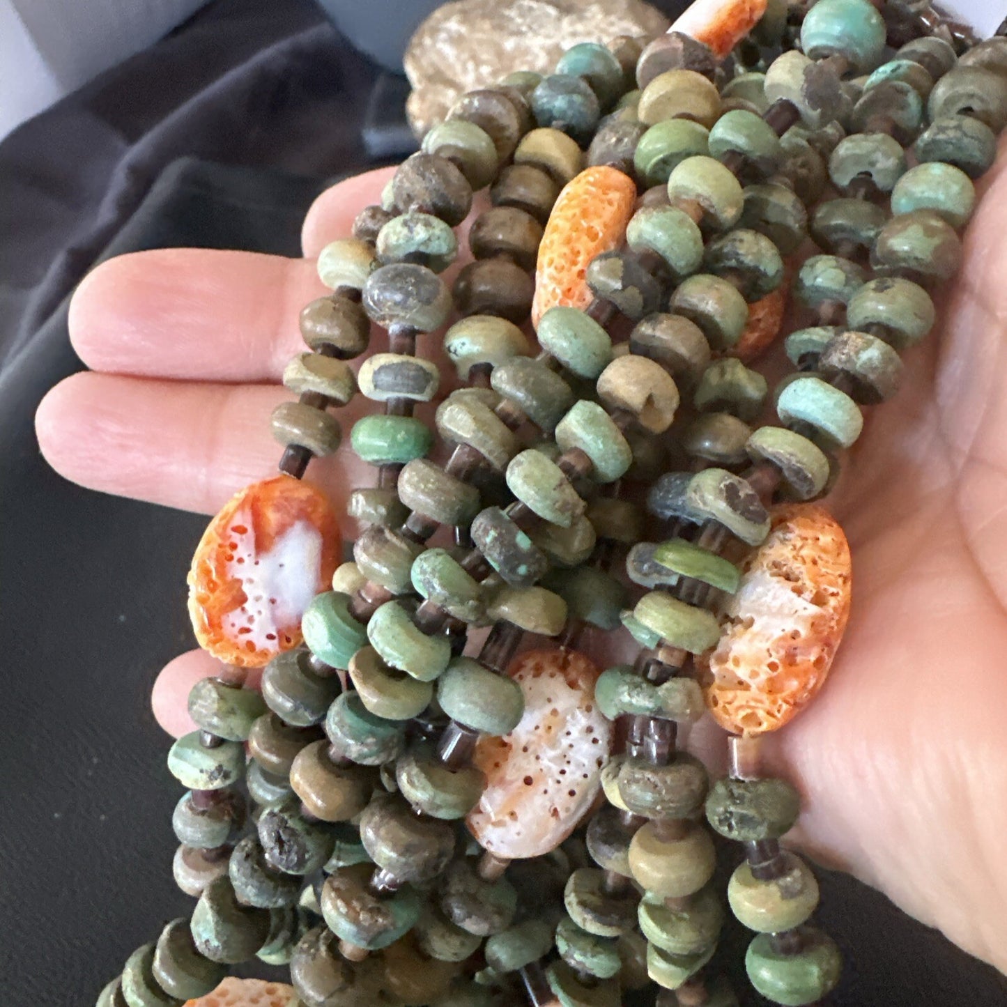 Navajo Green Turquoise 10S Sterling Silver Orange Spiny Shell Necklace 19" 18478
