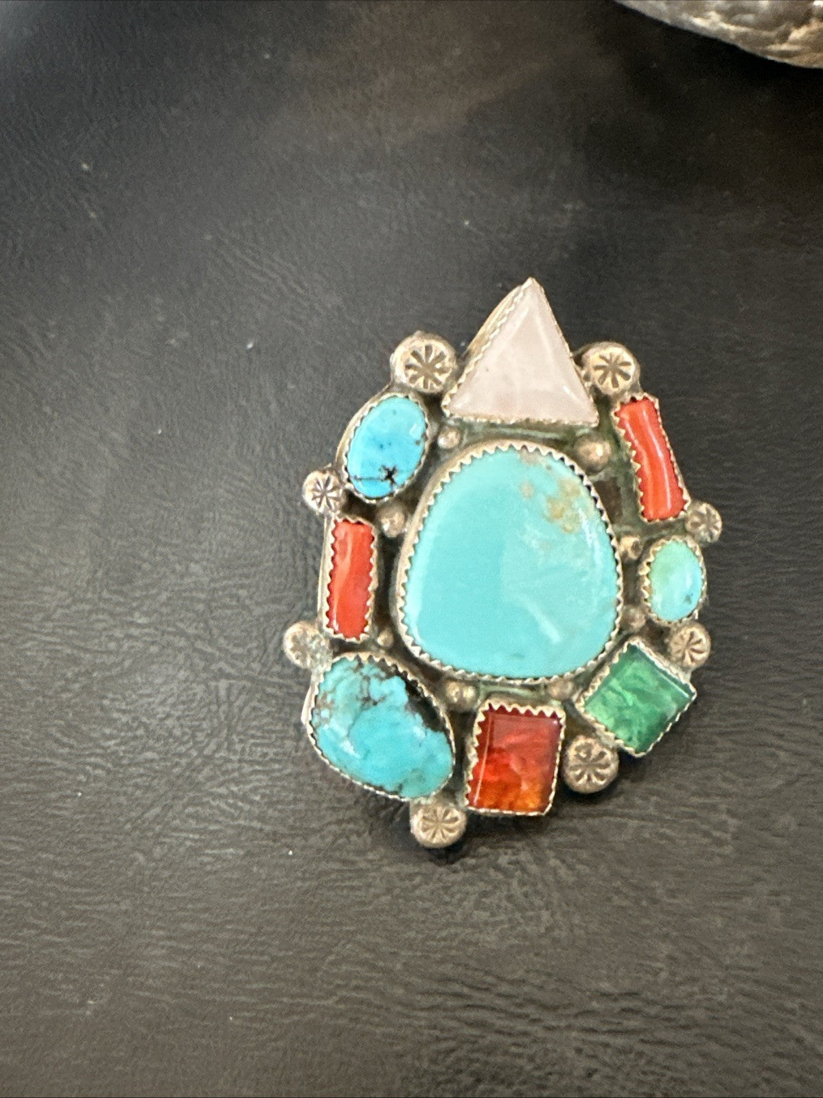 Old Pawn Navajo Blue Turquoise Coral Ring Multi-Stone Cluster Sz 9 19825