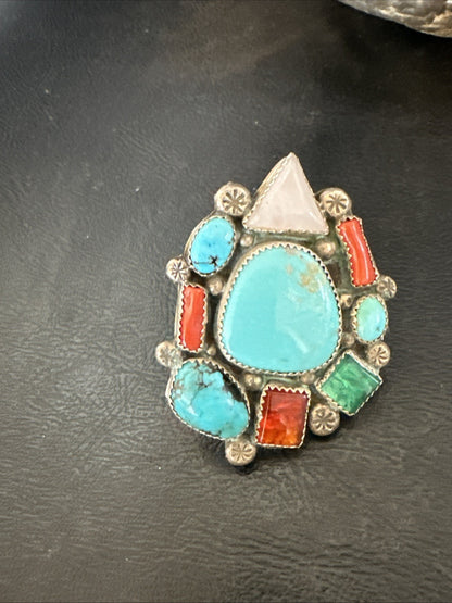 Old Pawn Navajo Blue Turquoise Coral Ring Multi-Stone Cluster Sz 9 19825