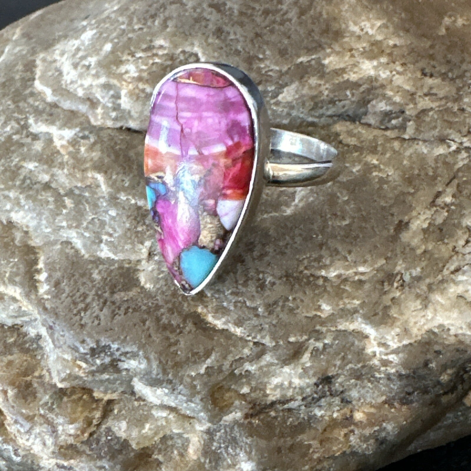 Blue Turquoise Spiny Oyster Southwestern Sterling Silver Ring Size 7 18425
