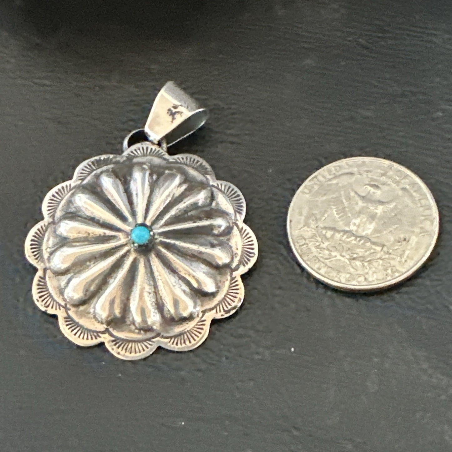 Navajo Native American Turquoise Pendant  Stamped Sterling Silver 1” 19687