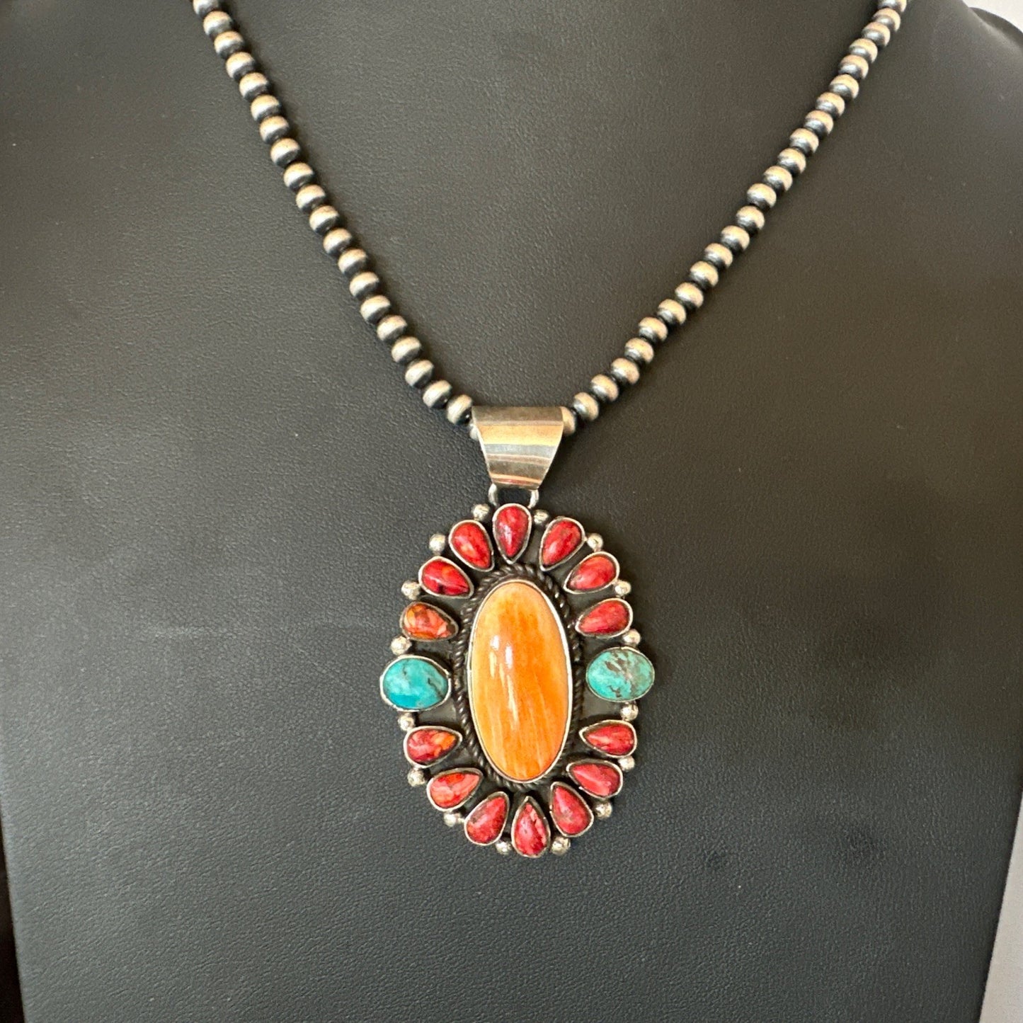 Multicolor Turquoise Spiny Navajo Sterling Silver Cluster Pendant Necklace 19564