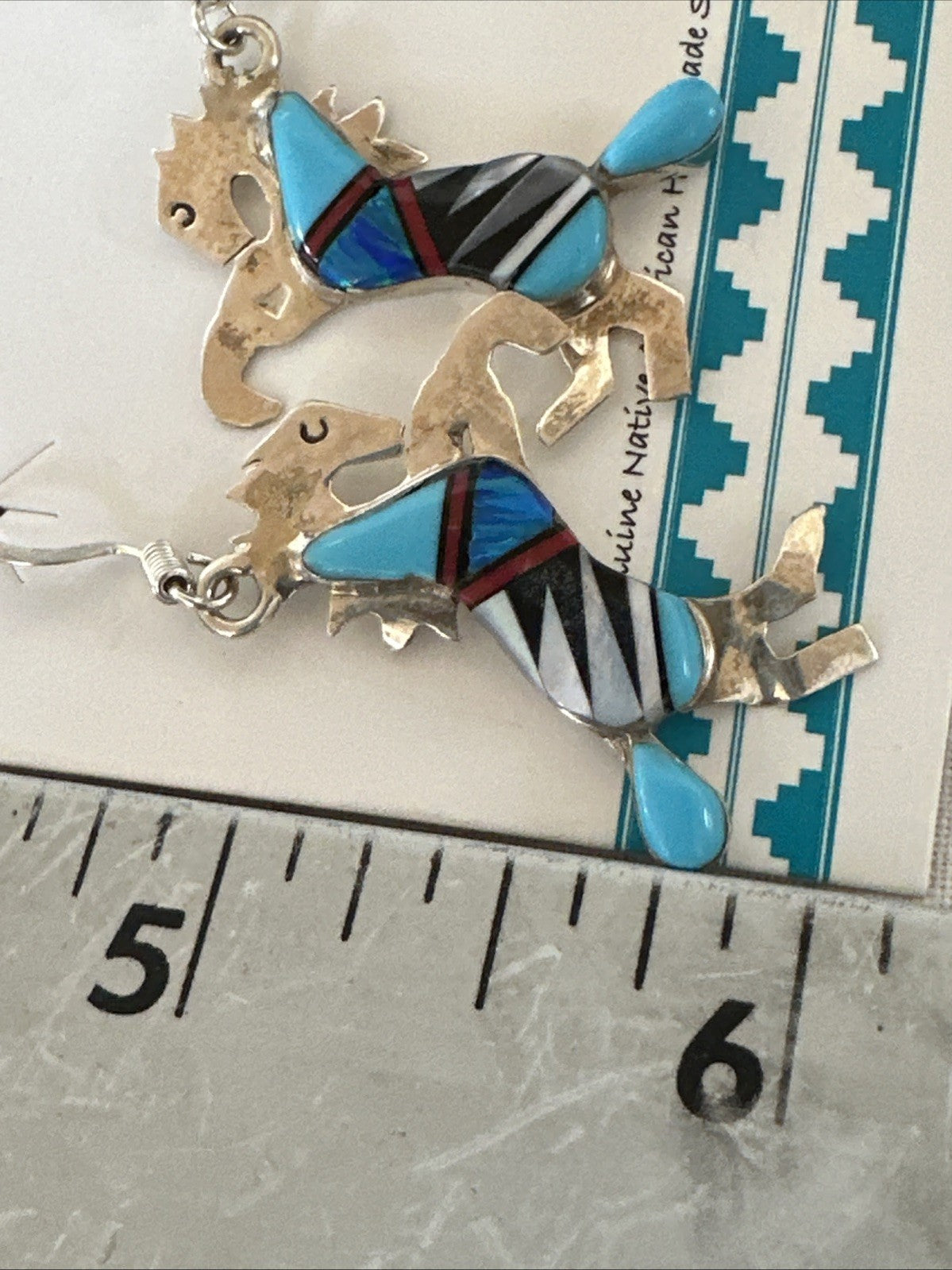 Blue Turquoise Coral Horse Inlay Navajo Sterling Silver Earrings 19827