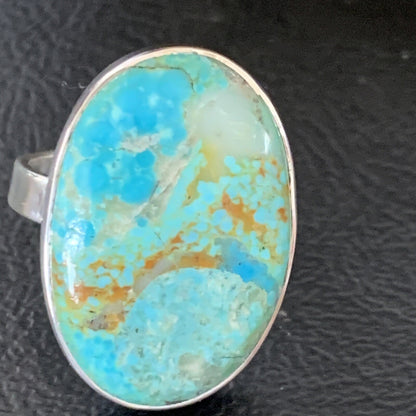 Blue Kingman Turquoise Oval Navajo Sterling Silver Ring Size 8 Adjustable 12800