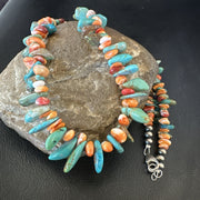 Green Turquoise Spiny Oyster Nugget Necklace 21" | Sterling Silver | Authentic Native American Handmade | 18090