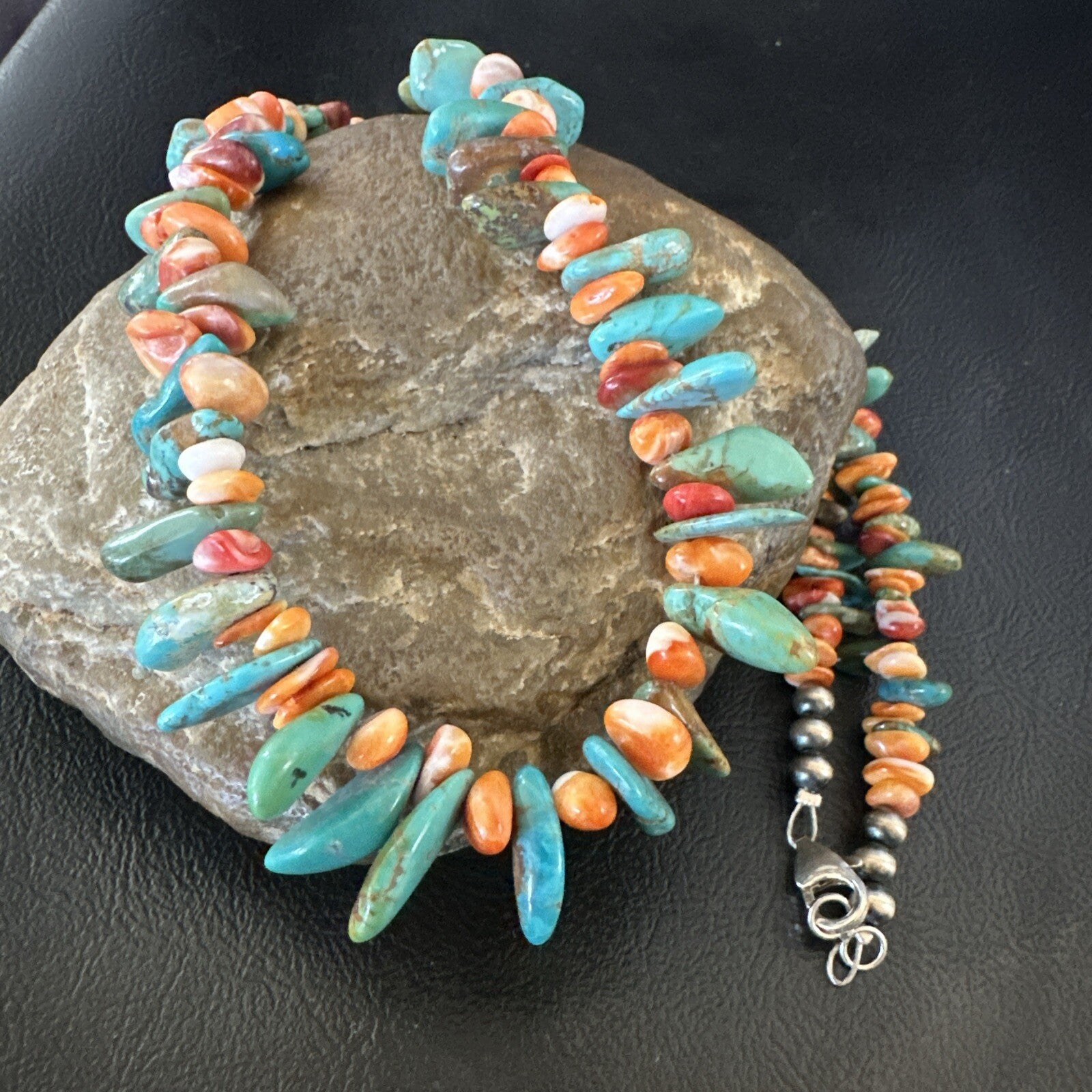 Green Turquoise Spiny Oyster Nugget Sterling Silver Necklace 21" 18090