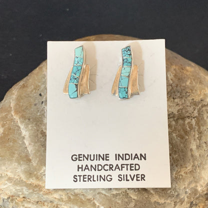 Womens Blue Spider Web Turquoise Navajo Sterling Silver Inlay Earrings 12899