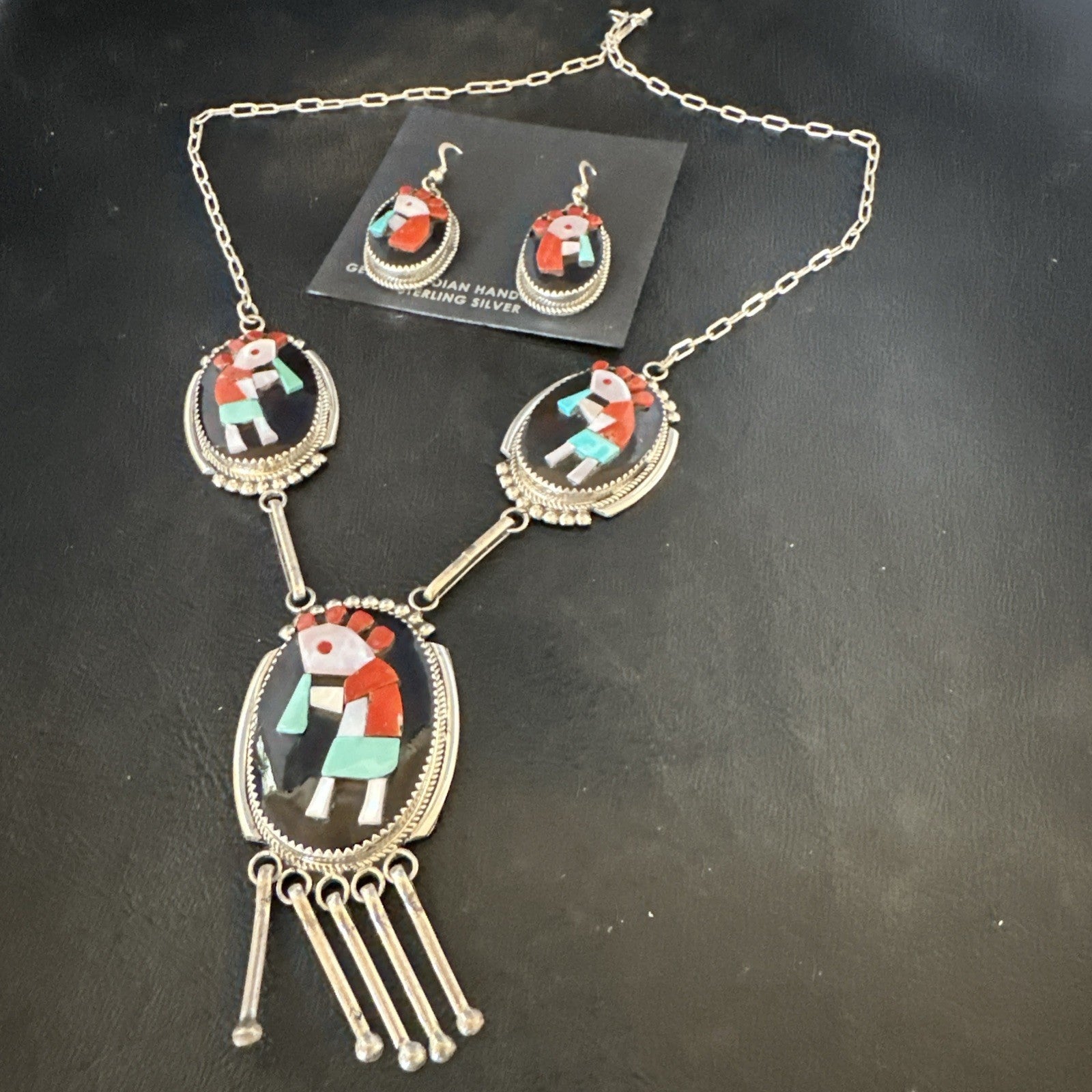 Kokopelli Turquoise Coral Zuni Inlay Sterling Silver Necklace Earrings 19078 Set