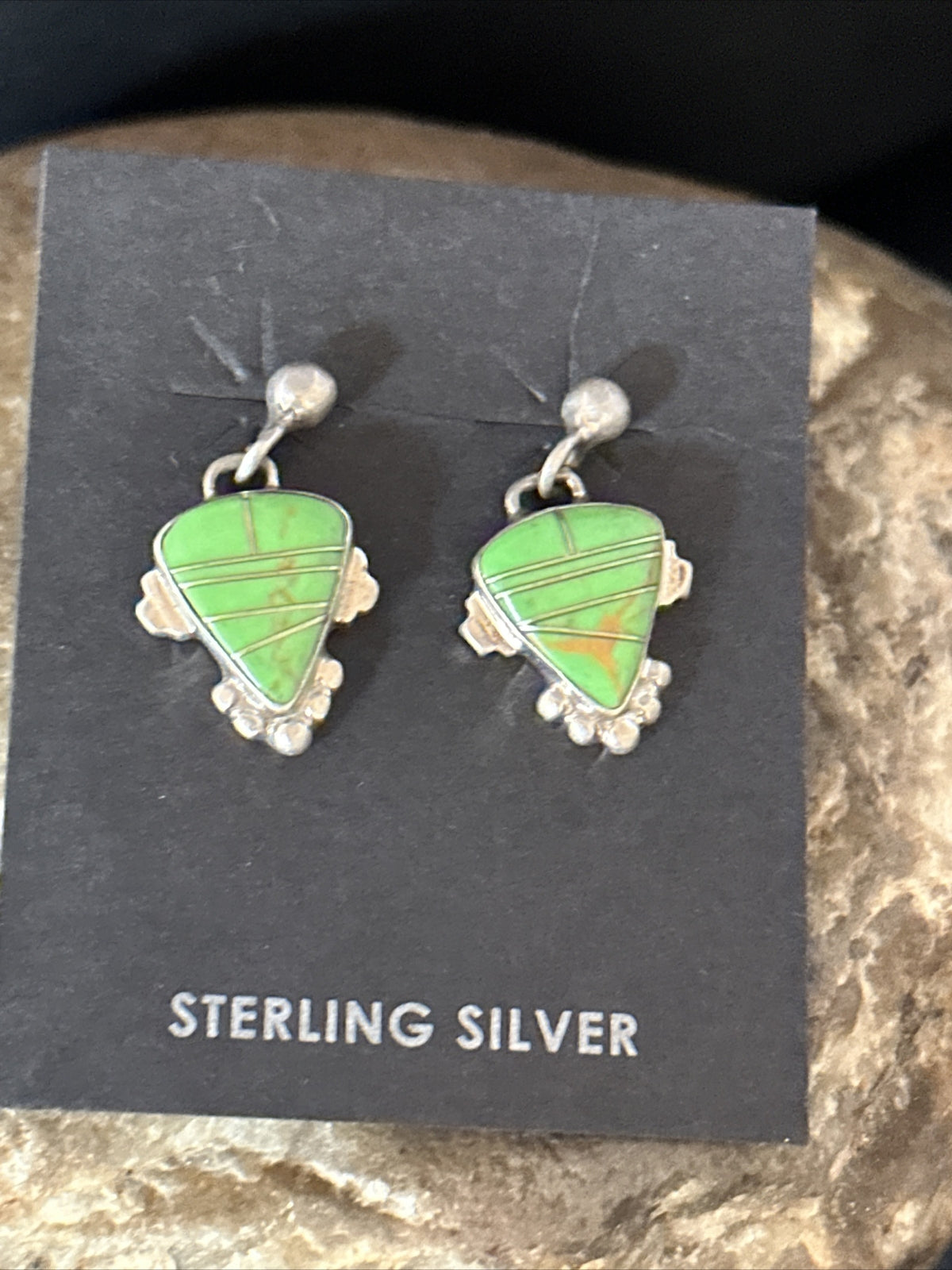 Green Gaspeite Navajo Sterling Silver Inlay 1" Earrings 14779