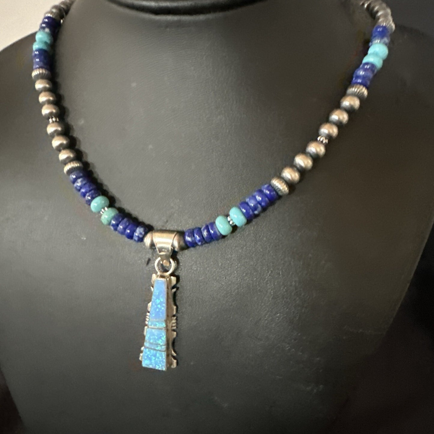 Mens Blue Turquoise Lapis Opal Pendant Navajo Sterling Silver Necklace 20" 17896