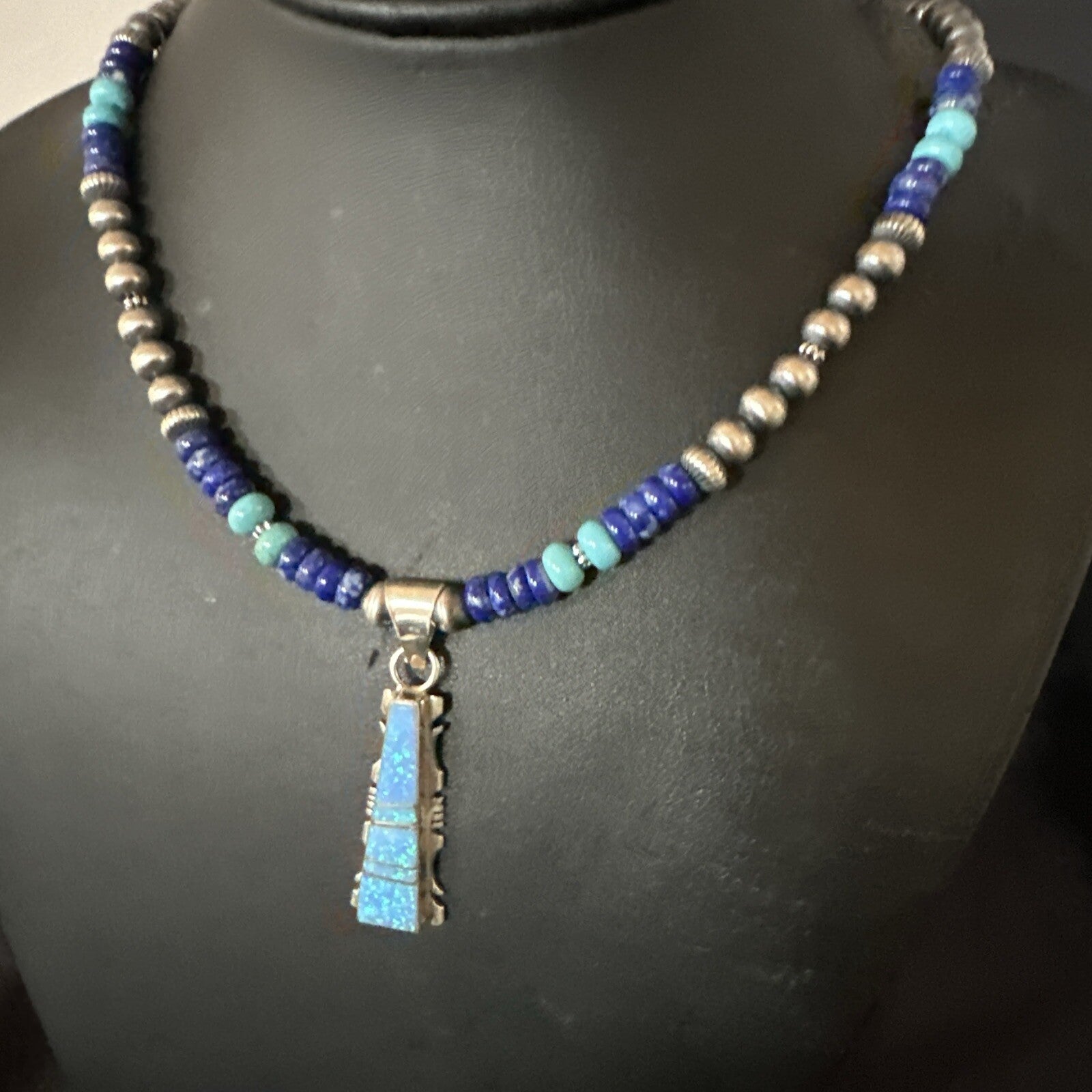 Mens Blue Turquoise Lapis Opal Pendant Navajo Sterling Silver Necklace 20" 17896