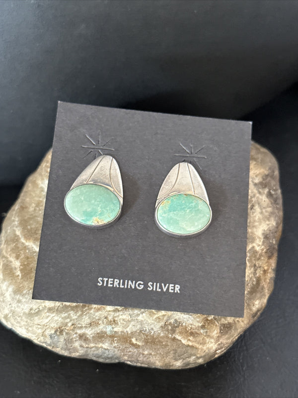 Navajo Green Turquoise Dangle Earrings | Sterling Silver | Authentic Native American Handmade | 14781
