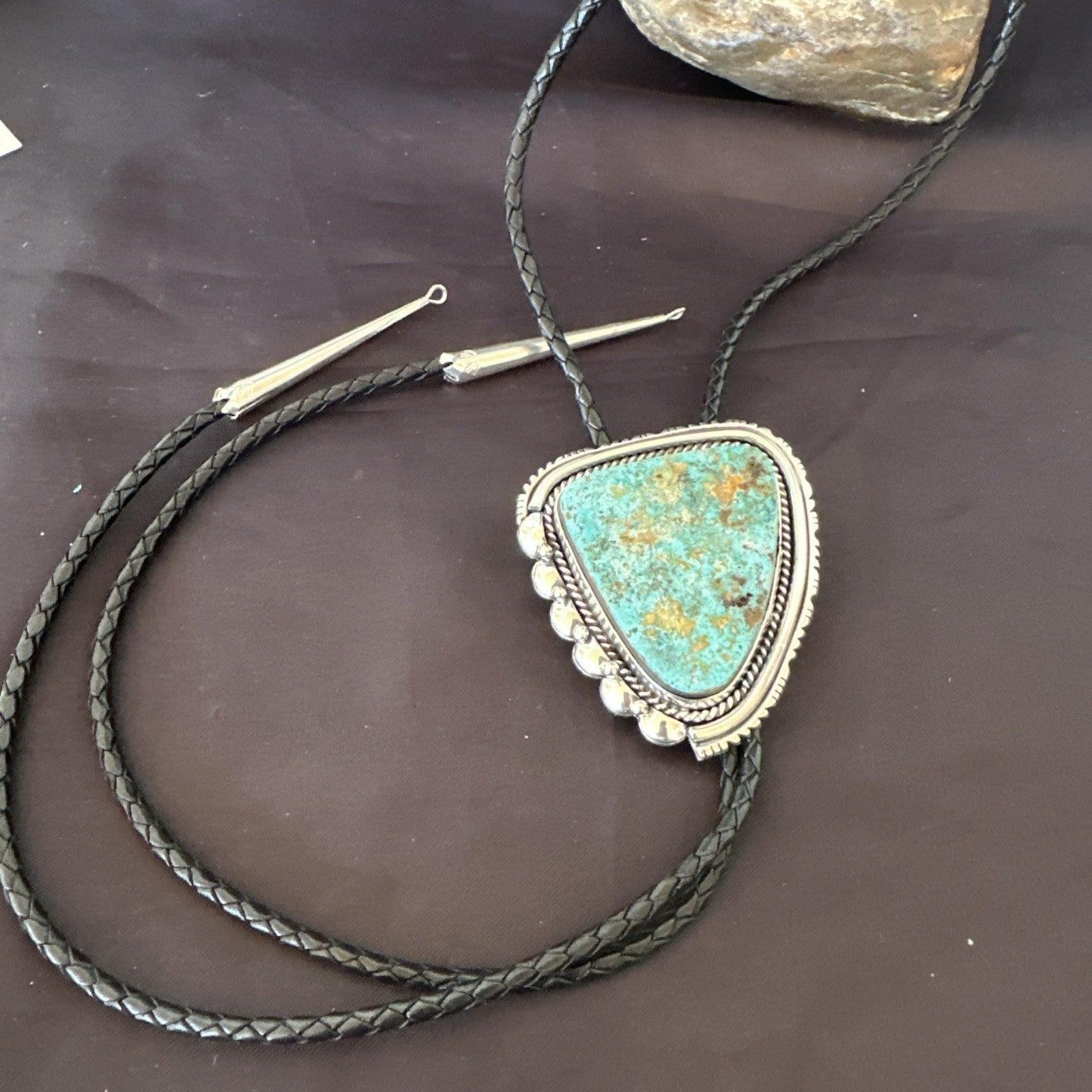 Native Mens Blue Green Royston Turquoise Bolo Tie Sterling Silver Navajo 19593