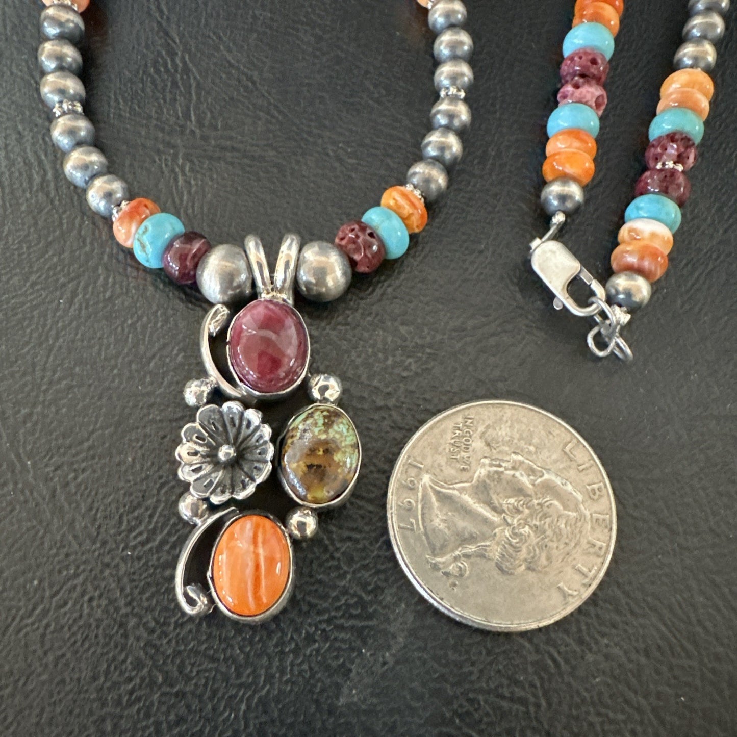 Multicolor Turquoise Spiny Navajo Sterling Silver Cluster Pendant Necklace 19640
