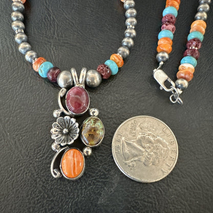 Multicolor Turquoise Spiny Navajo Sterling Silver Cluster Pendant Necklace 19640