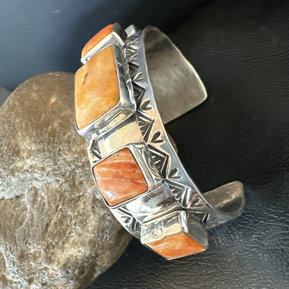 Orange Spiny Oyster 5 Stone Row Sterling Silver Navajo Cuff Bracelet 7.7" 19478