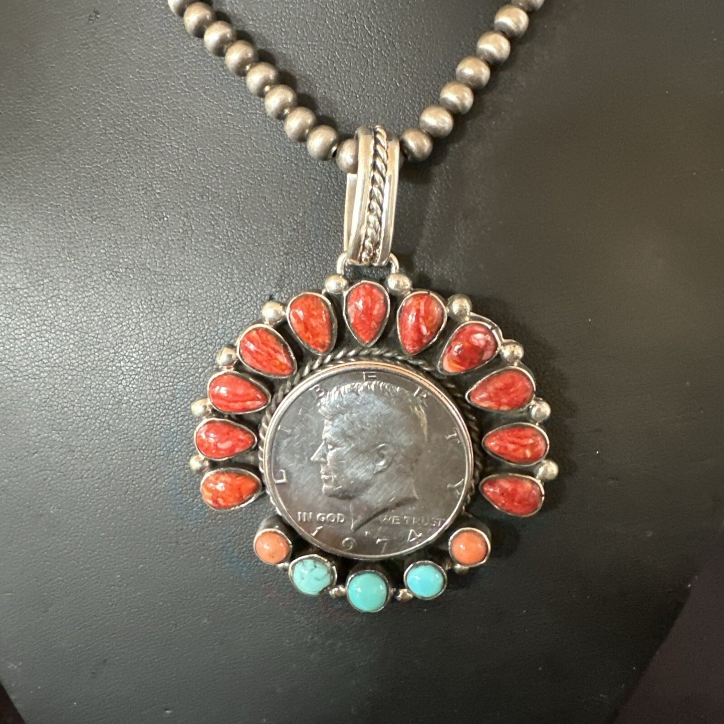 Coin Pendant Red Spiny Oyster Turquoise Navajo Sterling Silver Necklace 17924