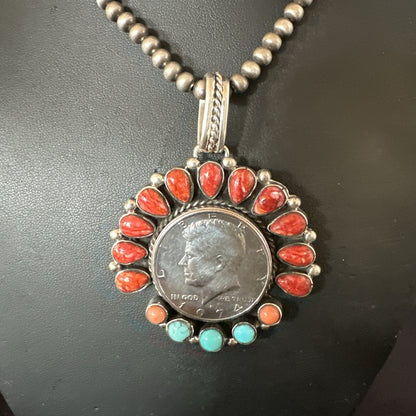 Coin Pendant Red Spiny Oyster Turquoise Navajo Sterling Silver Necklace 17924
