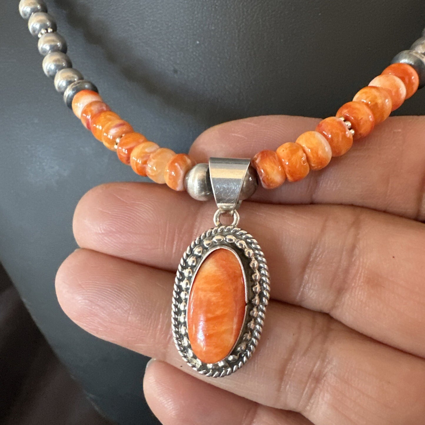 Orange Spiny Oyster Navajo Pearls Sterling Silver  Necklace Pendant 18679