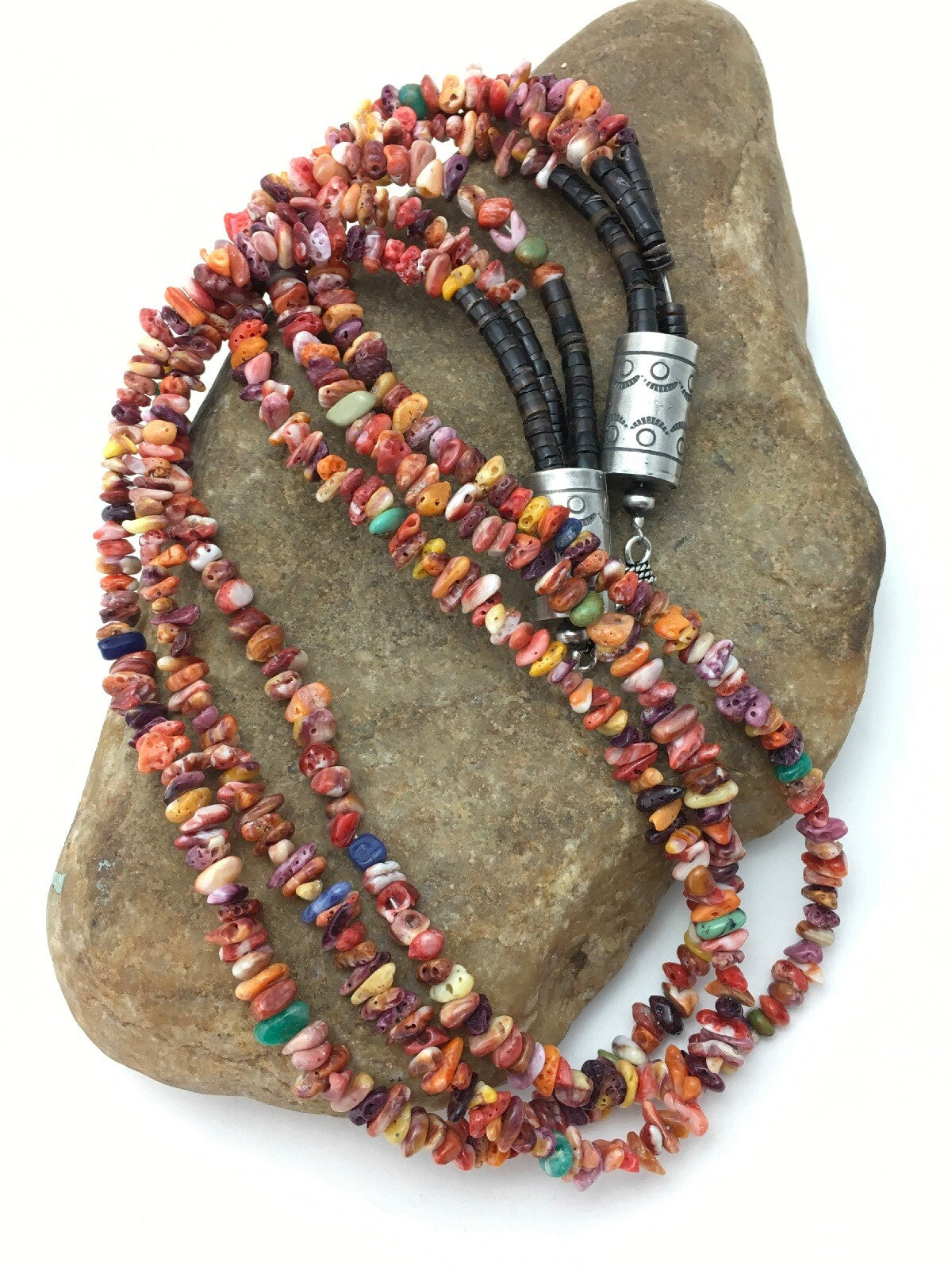 Spiny Oyster & Turquoise 3 Strand Navajo Indian Sterling Silver Necklace 4333
