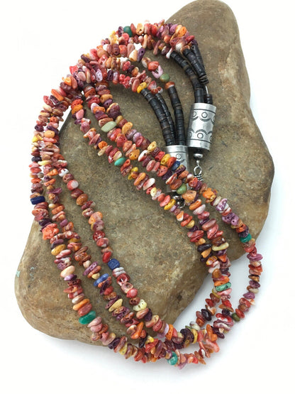 Spiny Oyster & Turquoise 3 Strand Navajo Indian Sterling Silver Necklace 4333