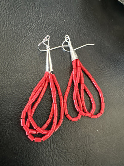 Native Red Coral Heishi 3S Tube Liquid Sterling Silver Dangle Earrings 2" 18198