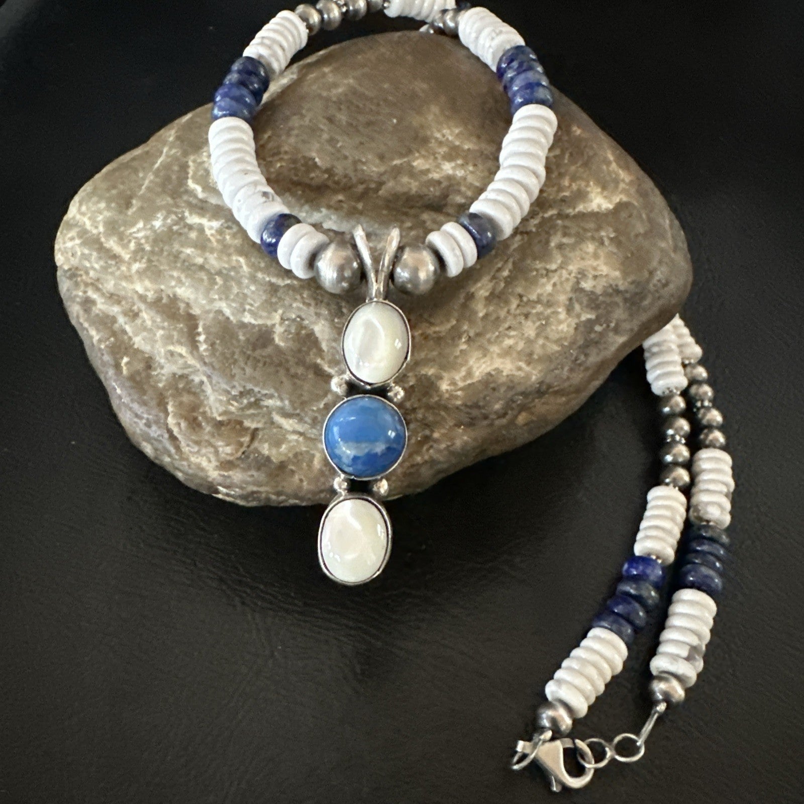 Blue Lapis White MOP Howlite Pendant Navajo Sterling Silver Necklace 19656
