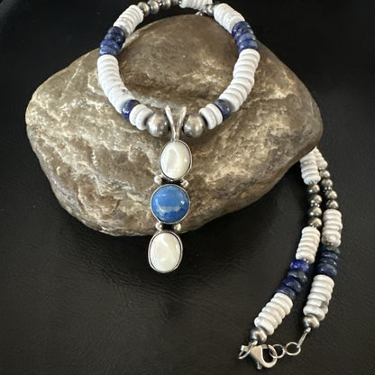 Blue Lapis White MOP Howlite Pendant Navajo Sterling Silver Necklace 19656