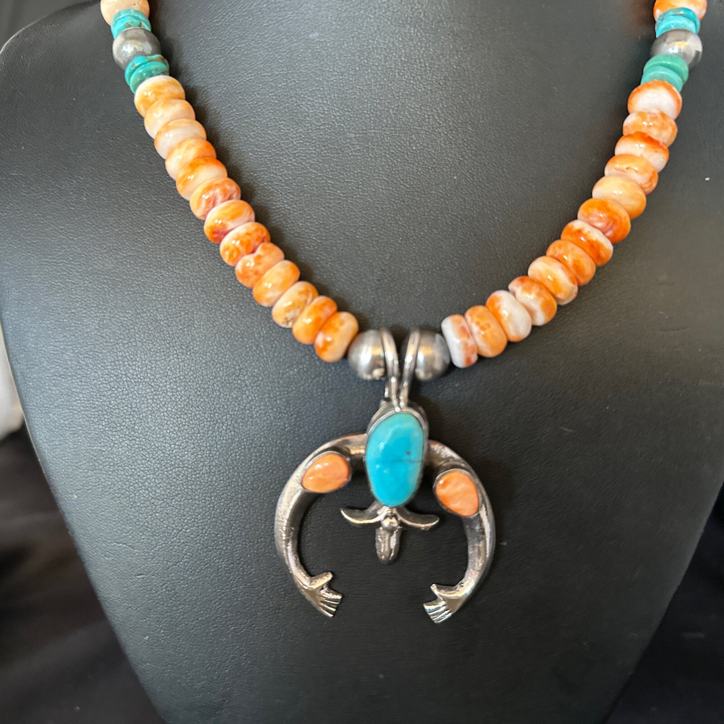 Blue Turquoise & Spiny Oyster Naja Pendant Navajo Sterling Silver Necklace 14811