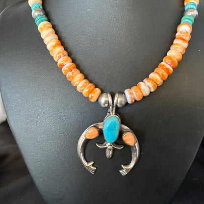 Blue Turquoise & Spiny Oyster Naja Pendant Navajo Sterling Silver Necklace 14811