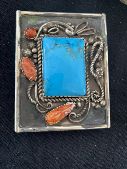 Blue Turquoise Spiny Oyster Navajo Sterling Silver Concho Belt Buckle 00717