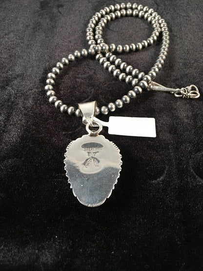 Green Turquoise #8 Pendant Navajo Pearls Sterling Silver Necklace 08678