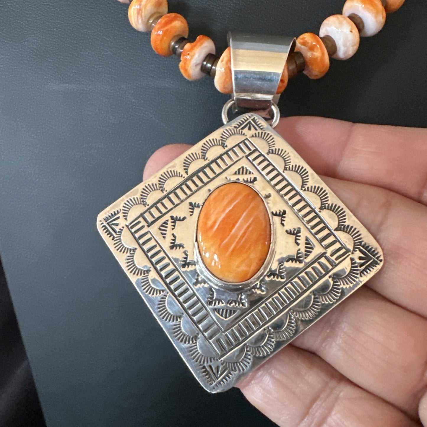 H Joe Orange Spiny Oyster Pendant Navajo Sterling Silver Necklace 19481
