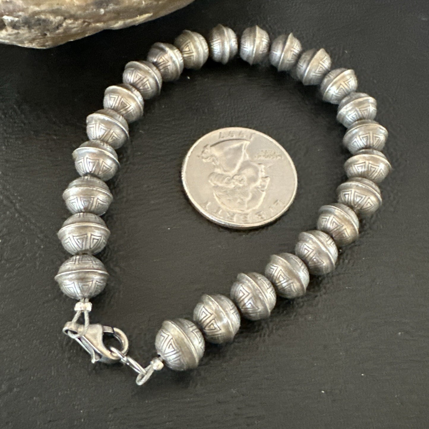 Handmade Stamped Navajo Pearls 8mm Beads 7” Sterling Silver Bracelet 93387