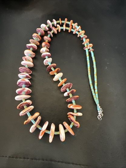 Orange Spiny Oyster Turquoise Navajo Pearls Sterling Silver Necklace 27” 19466