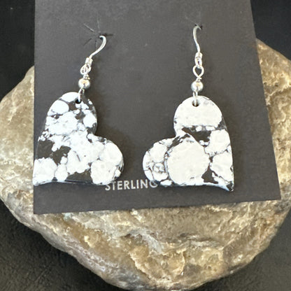 Heart Navajo Slab White Buffalo Turquoise Sterling Silver Earrings 17879